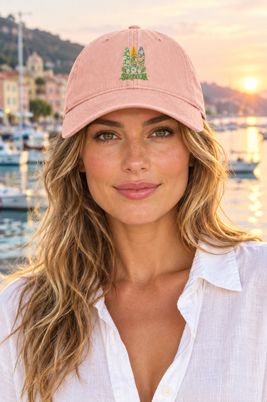 Peachy cap on female model