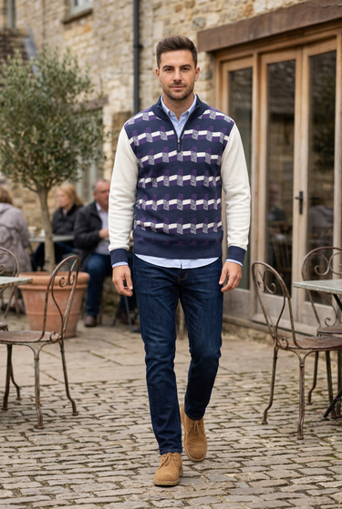 Quarter-zip layered over a blue Oxford shirt