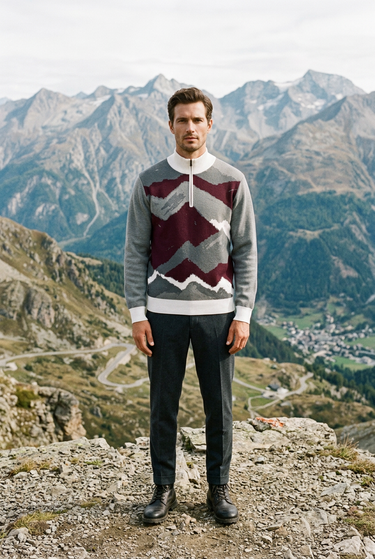 Quarter-zip sweater at an alpine overlook