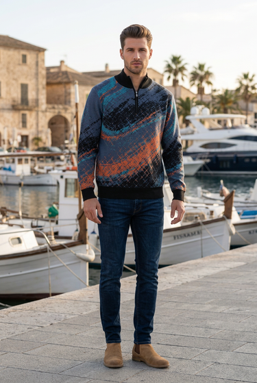 Quarter-zip with denim at the harbor