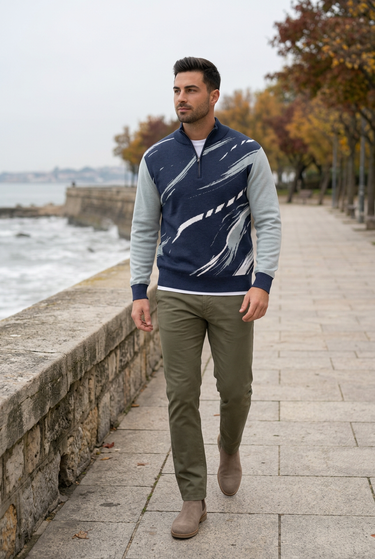 Quarter-zip with olive chinos