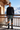 Racing joggers on a ski chalet terrace