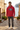 Red hoodie with charcoal denim