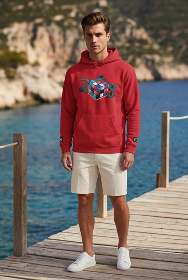 Red hoodie with cream shorts