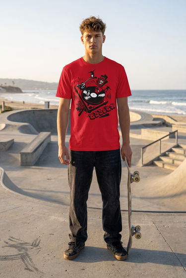 Red T-shirt coastal skatepark editorial