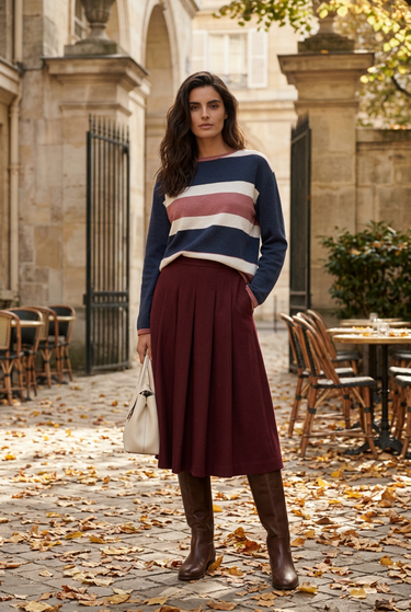 Riviera Stripe with burgundy skirt
