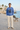 Royal blue crewneck with linen trousers
