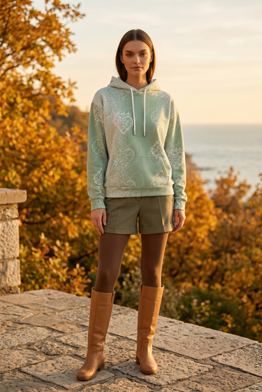 Sage hoodie with winter shorts and tights