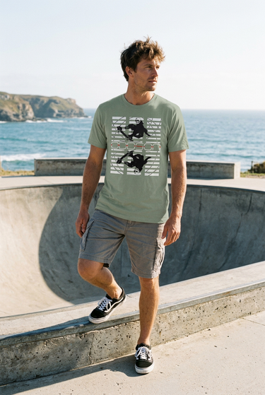 Sage ODDSON tee beside a seaside skate bowl