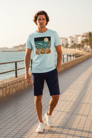 Skeleton Bonfire Tee – Ice Blue, Chino Shorts