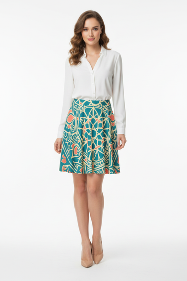 Skirt with white button-up blouse and nude heels