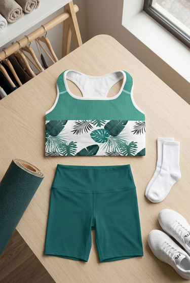 Sports bra flat lay with teal bike shorts in boutique
