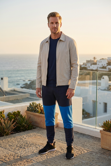 Stone jacket and joggers on a golden-hour terrace