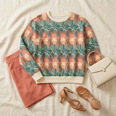 Sweater flat lay with coral tailored shorts