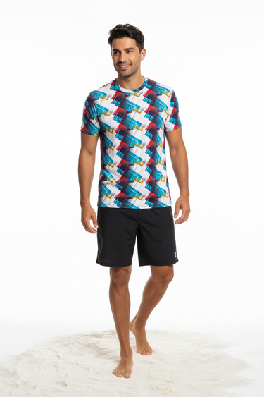 T-shirt with black boardshorts