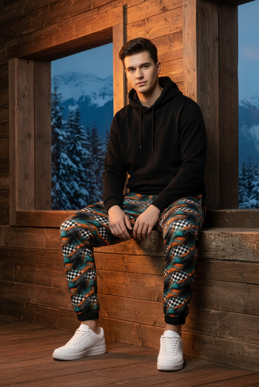 Track pants seated chalet editorial