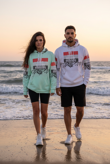 Vertical sunset beach editorial featuring both hoodie models