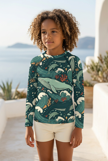 Whale-print rash guard editorial look