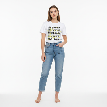 White female model - white tee
