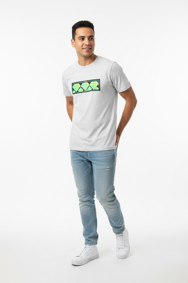 White fleck tee casual stance
