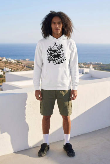 White hoodie rooftop editorial