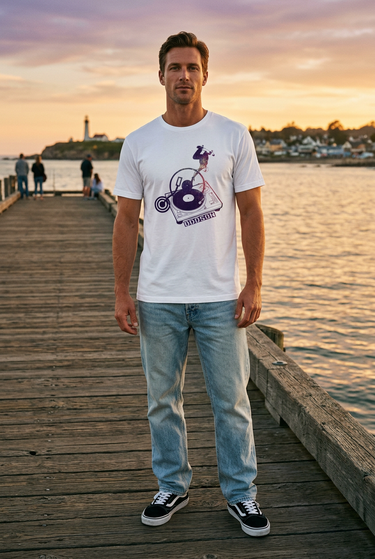 White ODDSON tee on a coastal pier