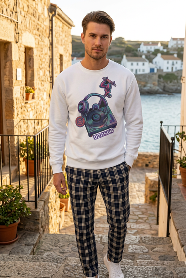 White sweatshirt with checked trousers