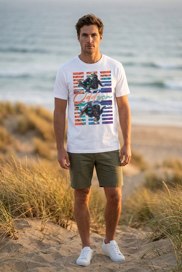 White tee with olive shorts without beanie