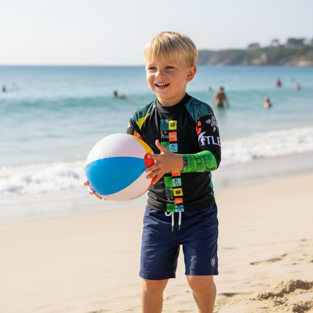 6-8 year old blonde boy playing with beach ball in Play Robo rash guard