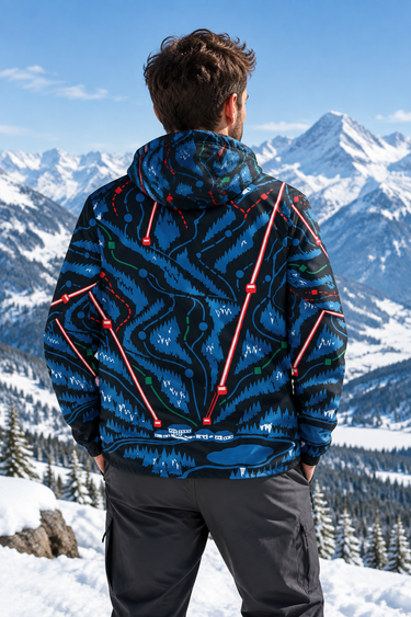 Back view: male model at mountain overlook, facing away