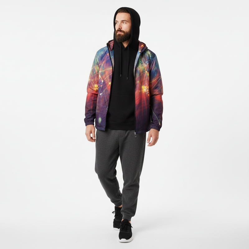 Bearded man in galaxy windbreaker with hood