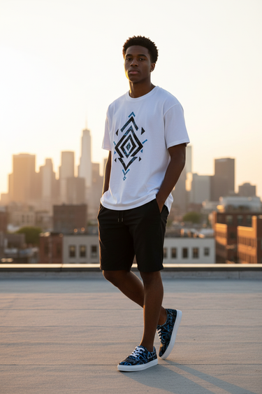 Black model rooftop golden hour