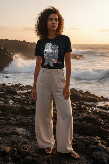 Black shirt on a volcanic shoreline