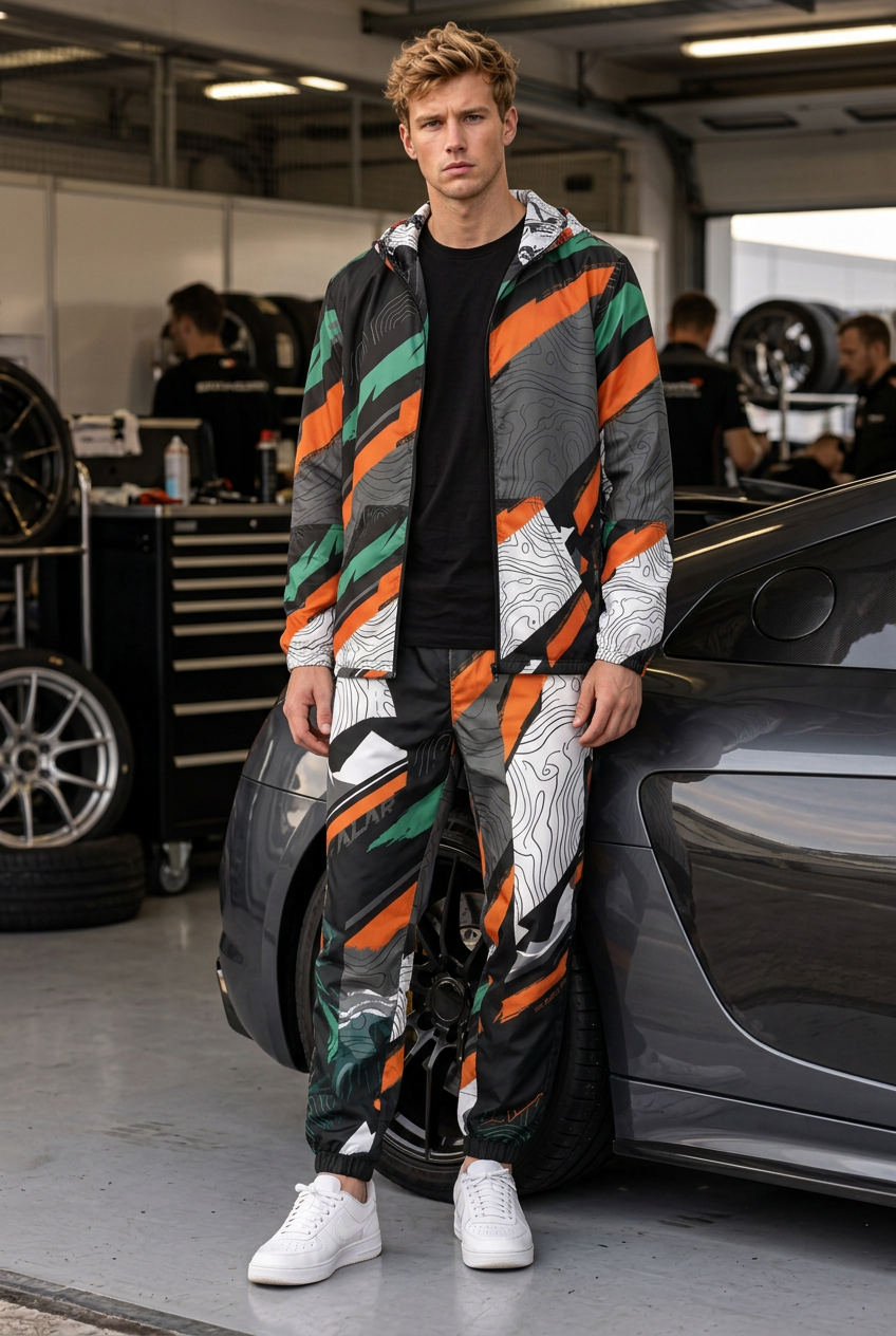 Blond model leaning against a sports car in the matching set