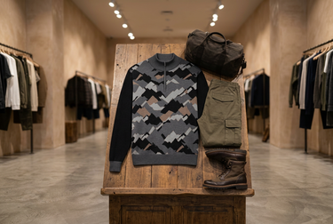 Boutique outfit display with olive cargo pants