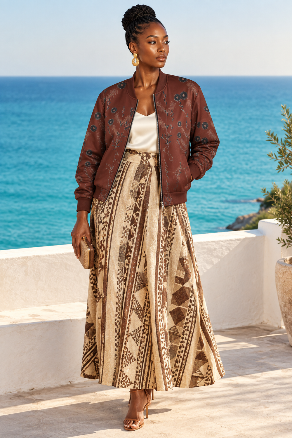 Brown bomber with an African-inspired ankle-length skirt