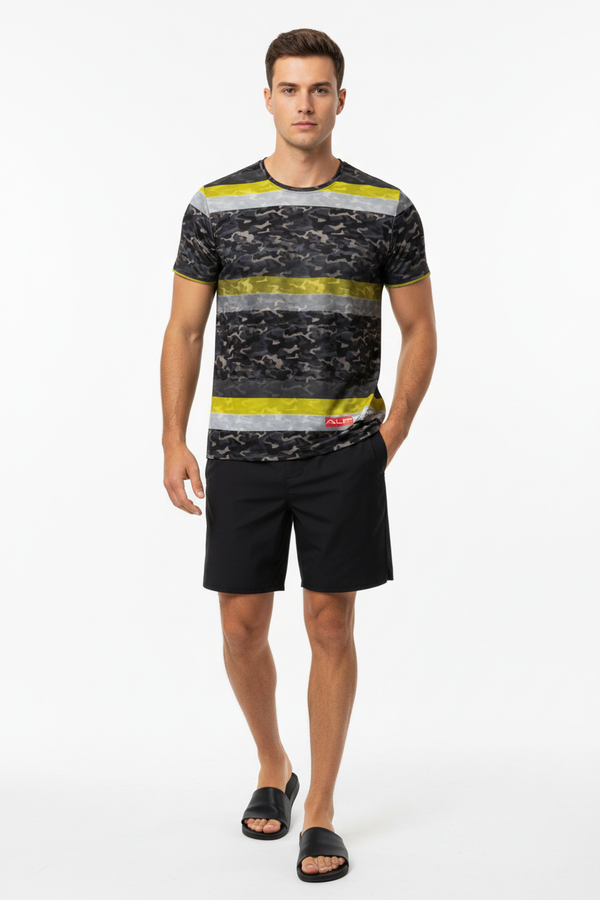 Camo T-Shirt with Black Boardshorts - Full Body