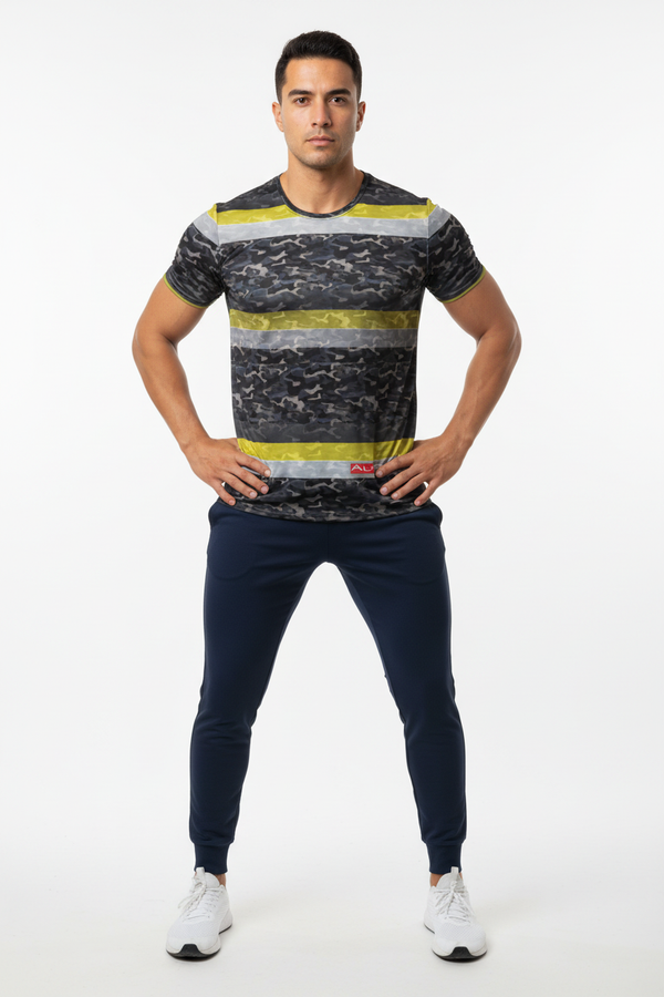 Camo T-Shirt with Navy Joggers - Full Body