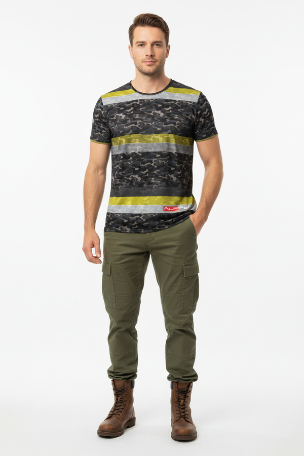 Camo T-Shirt with Olive Cargo Pants - Full Body