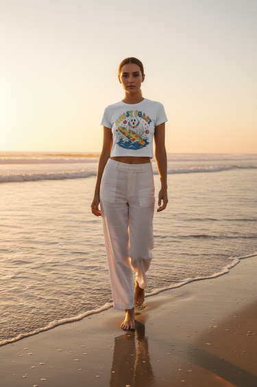 Crop Tee — White Linen Pants, Golden Hour