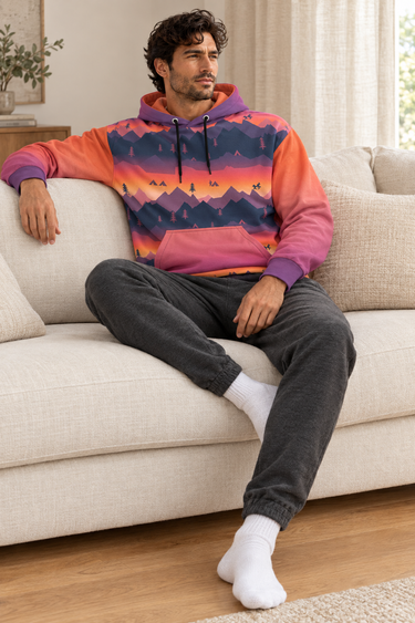 Curly-haired male model relaxing on a sofa in charcoal joggers