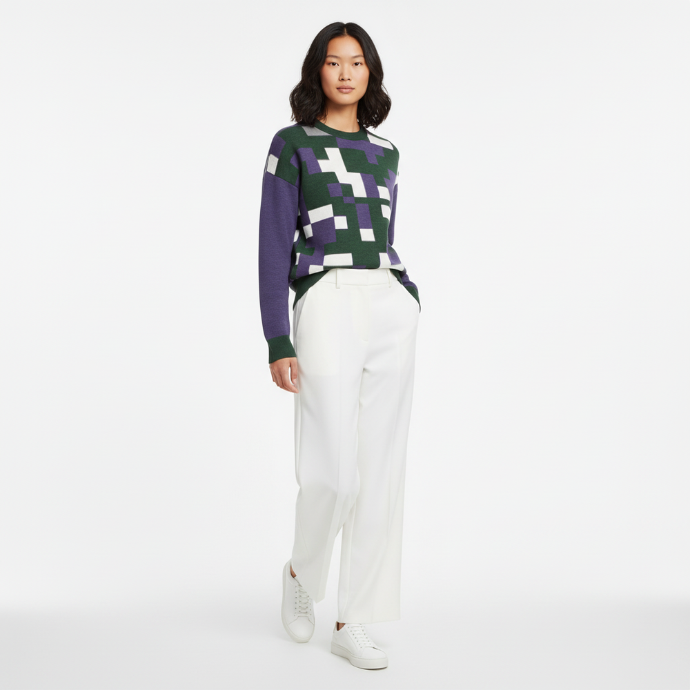 Digital Camo Knit Sweater - Asian female model with white pants