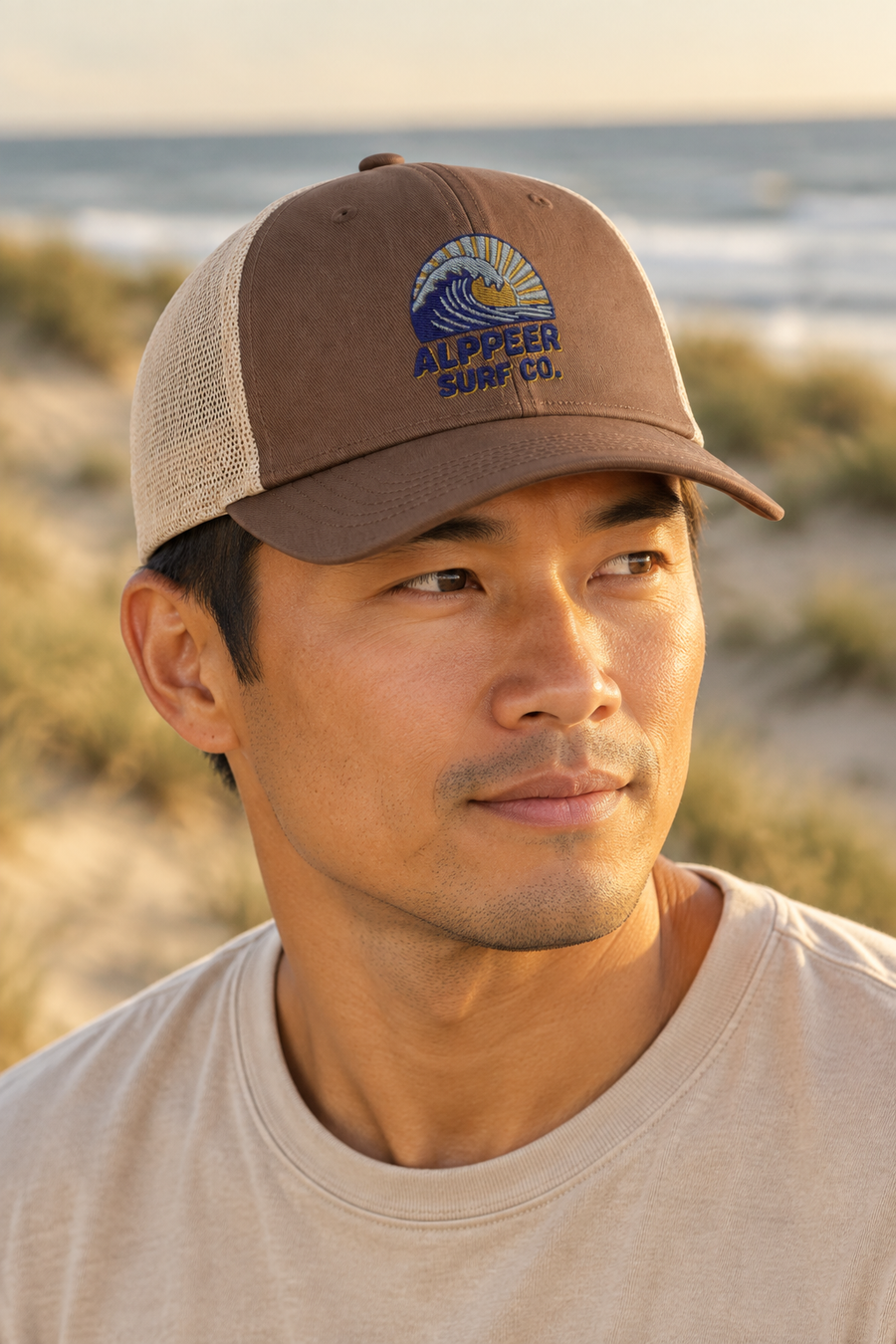 Espresso and tan cap close-up