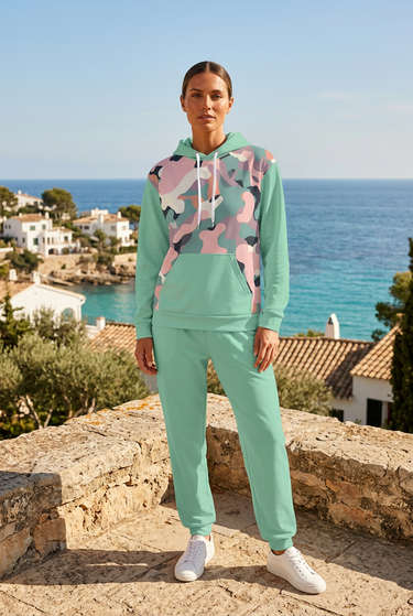 Female editorial with matching mint joggers