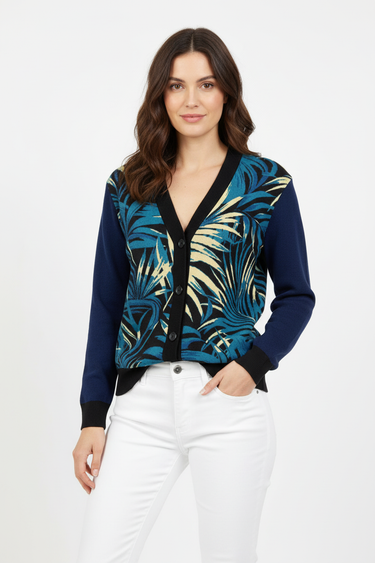 Female model - buttoned cardigan with white jeans