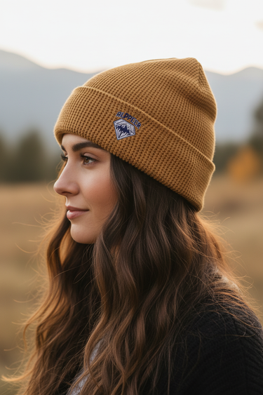Female model - camel beanie profile