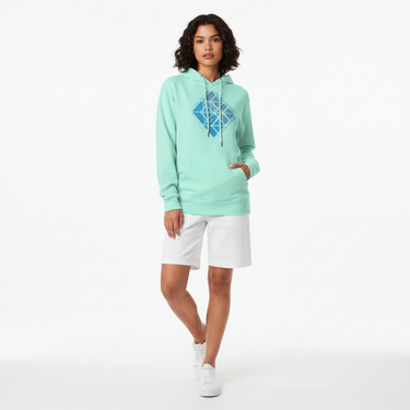 Female model in mint Surfxion hoodie with shorts
