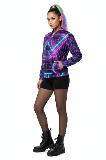 Female model three-quarter view with shorts