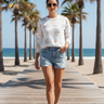 Female model wearing the floral Alppeer sweatshirt with denim shorts