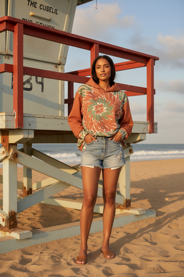 Female model wearing the hoodie with light-wash denim shorts